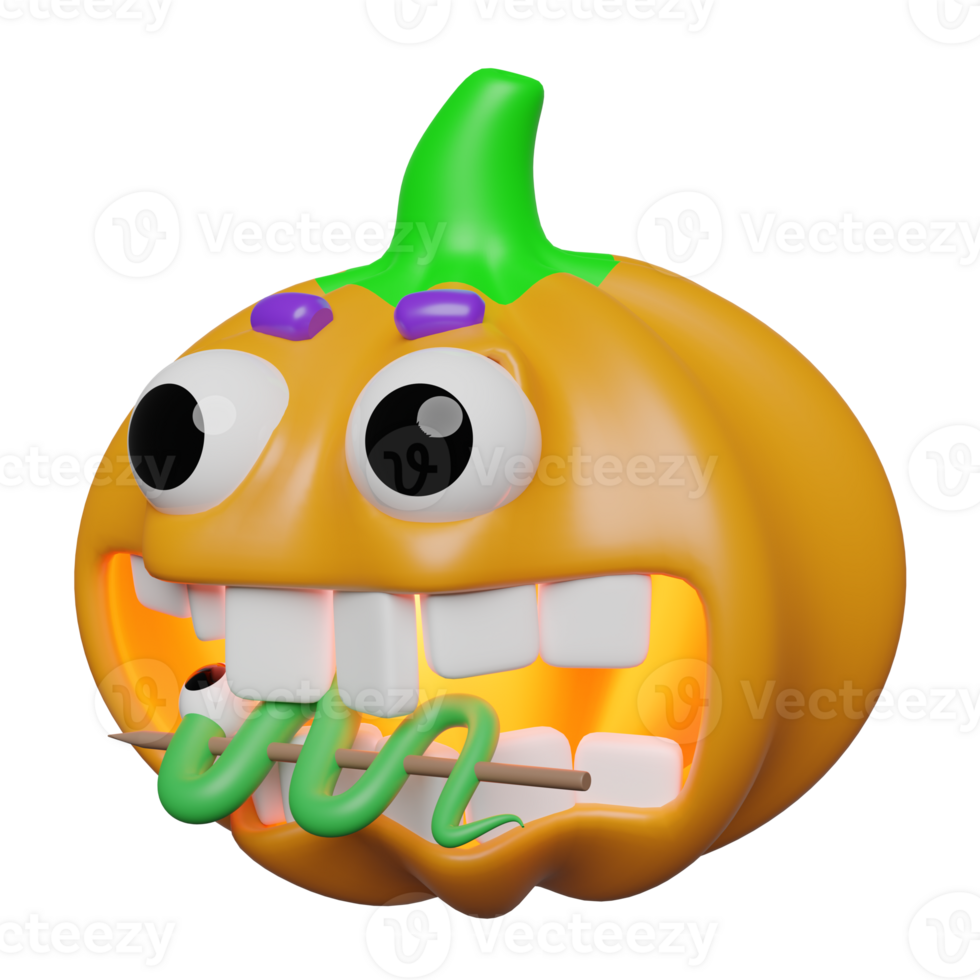 3d halloween holiday party with pumpkin head eats worm candy, skewer, white teeth, eyebrows isolated. 3d render illustration png
