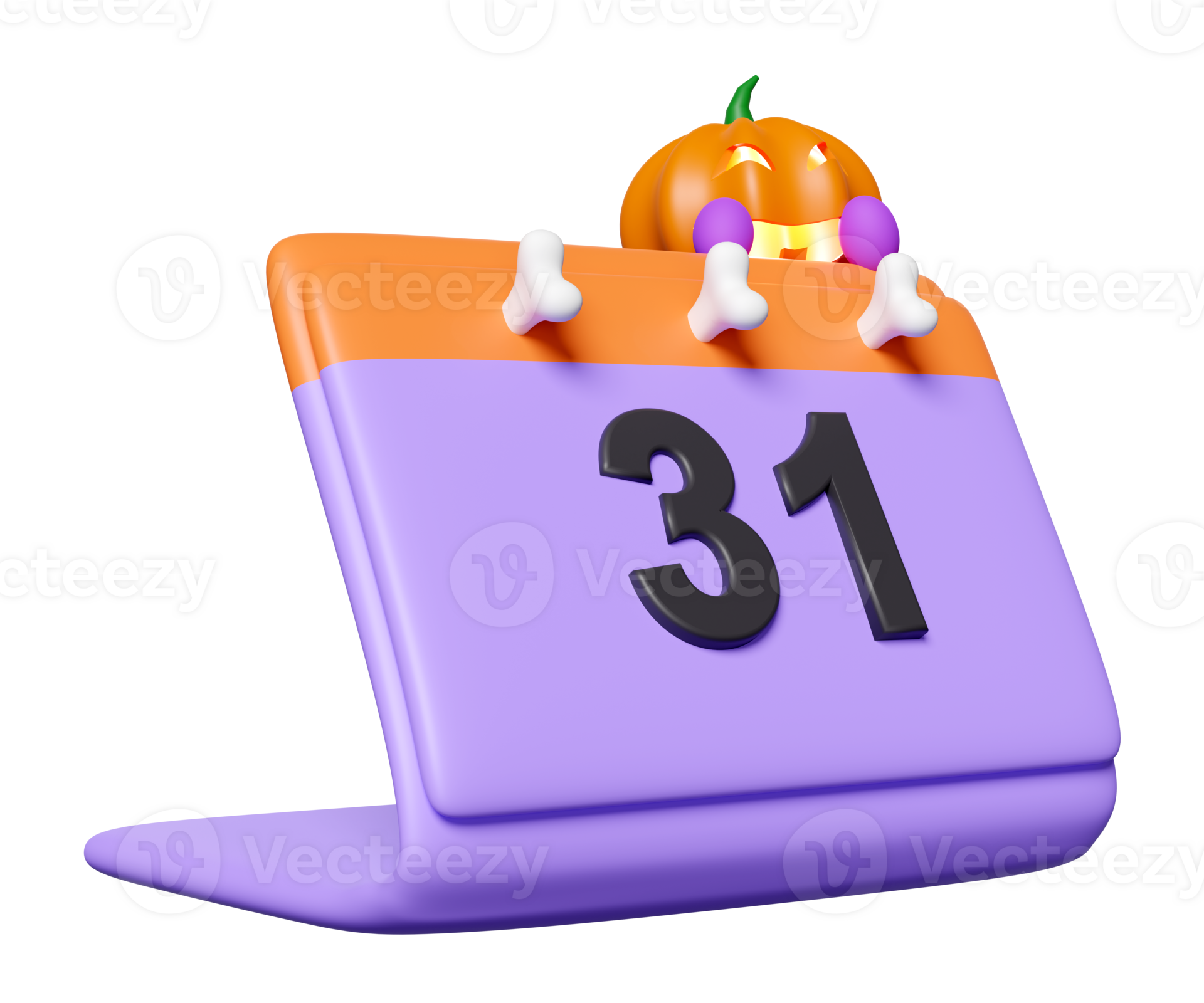 Halloween date with calendar, pumpkin lantern, skeleton isolated. 3d