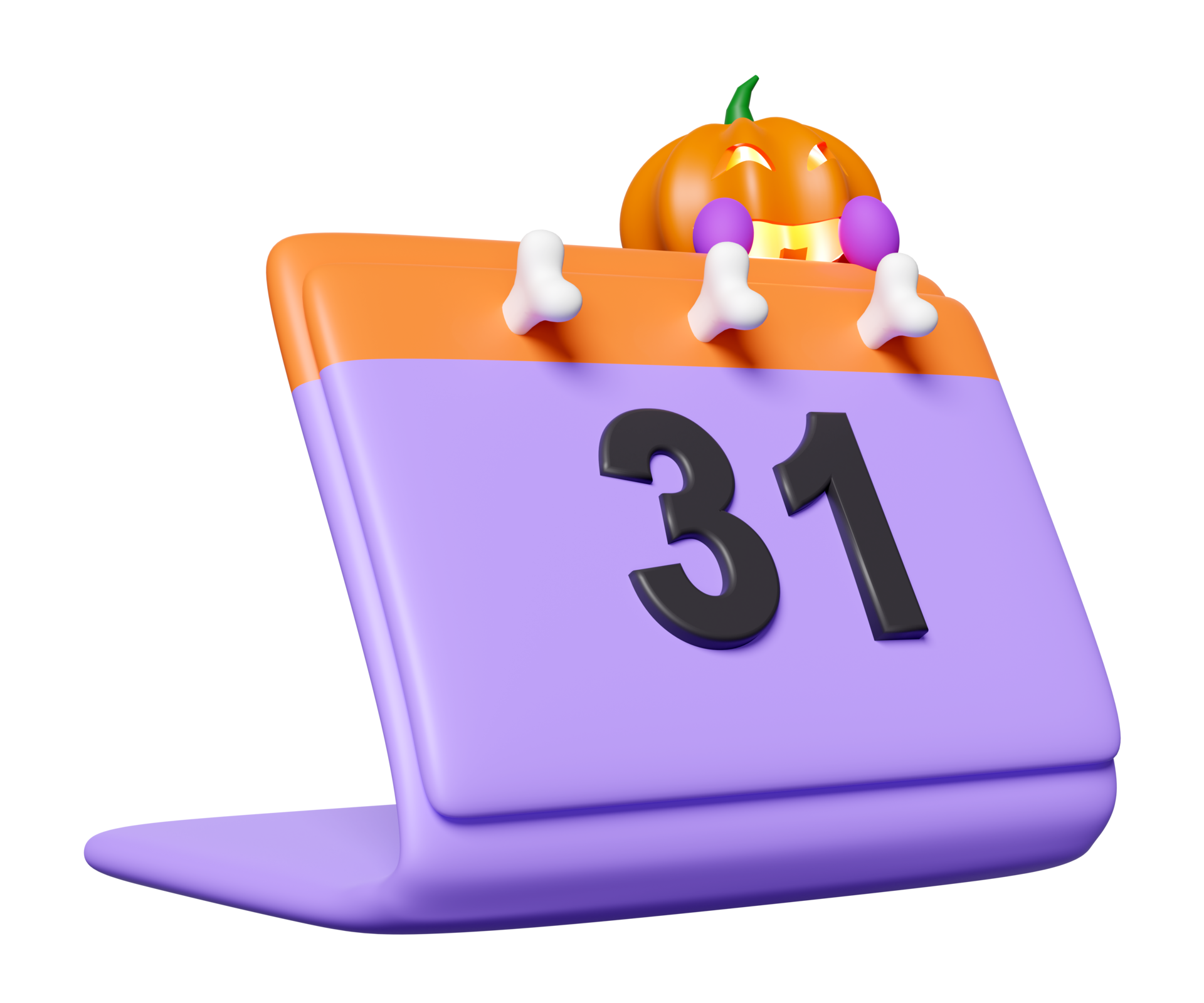 Halloween date with calendar, pumpkin lantern, skeleton isolated. 3d