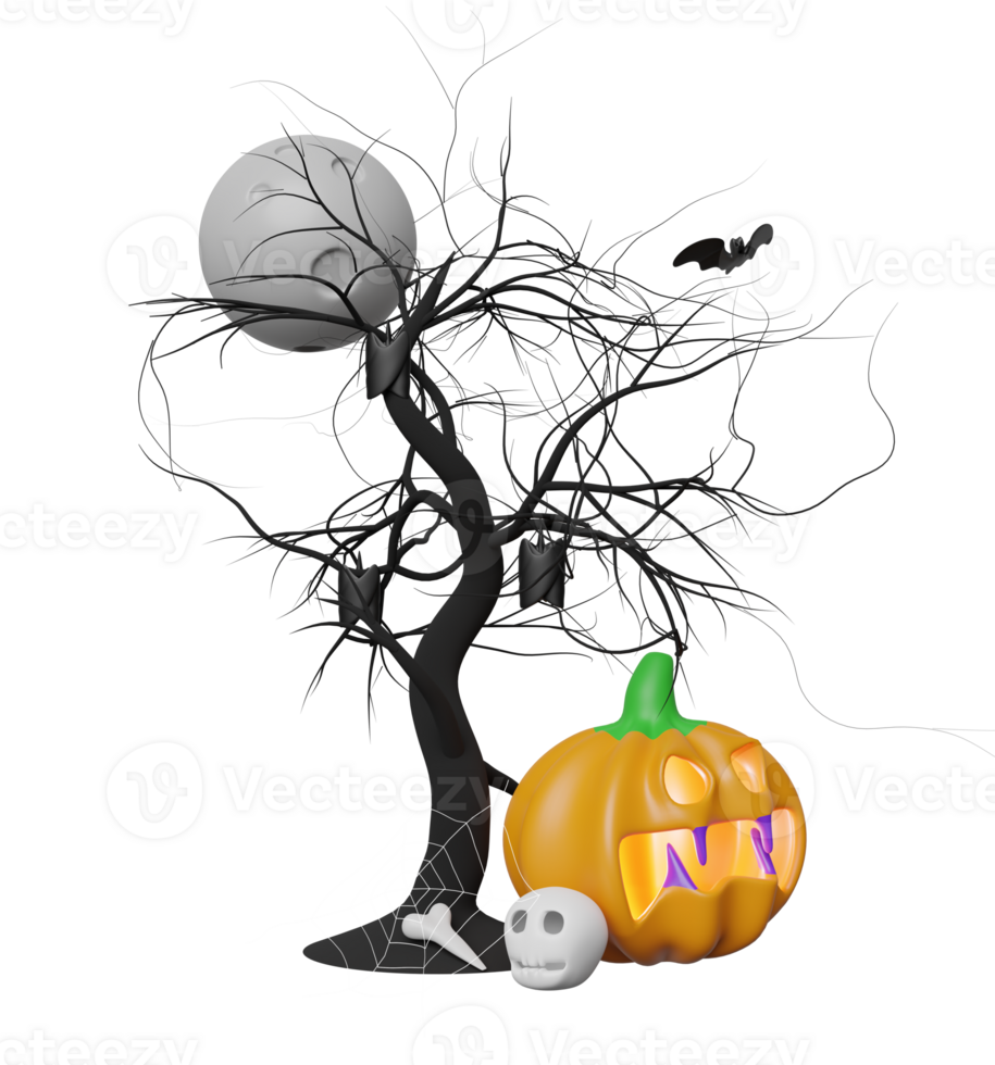 3d contento Víspera de Todos los Santos fiesta con lleno luna, murciélagos, calabaza cabeza, árbol, cráneo aislado. 3d hacer ilustración png