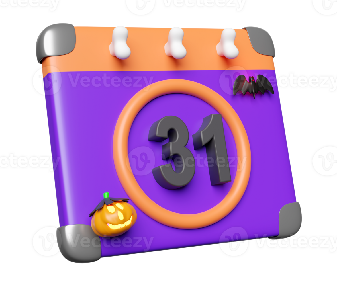 Halloween date with calendar, pumpkin lantern, bat, skeleton isolated. 3d render illustration png