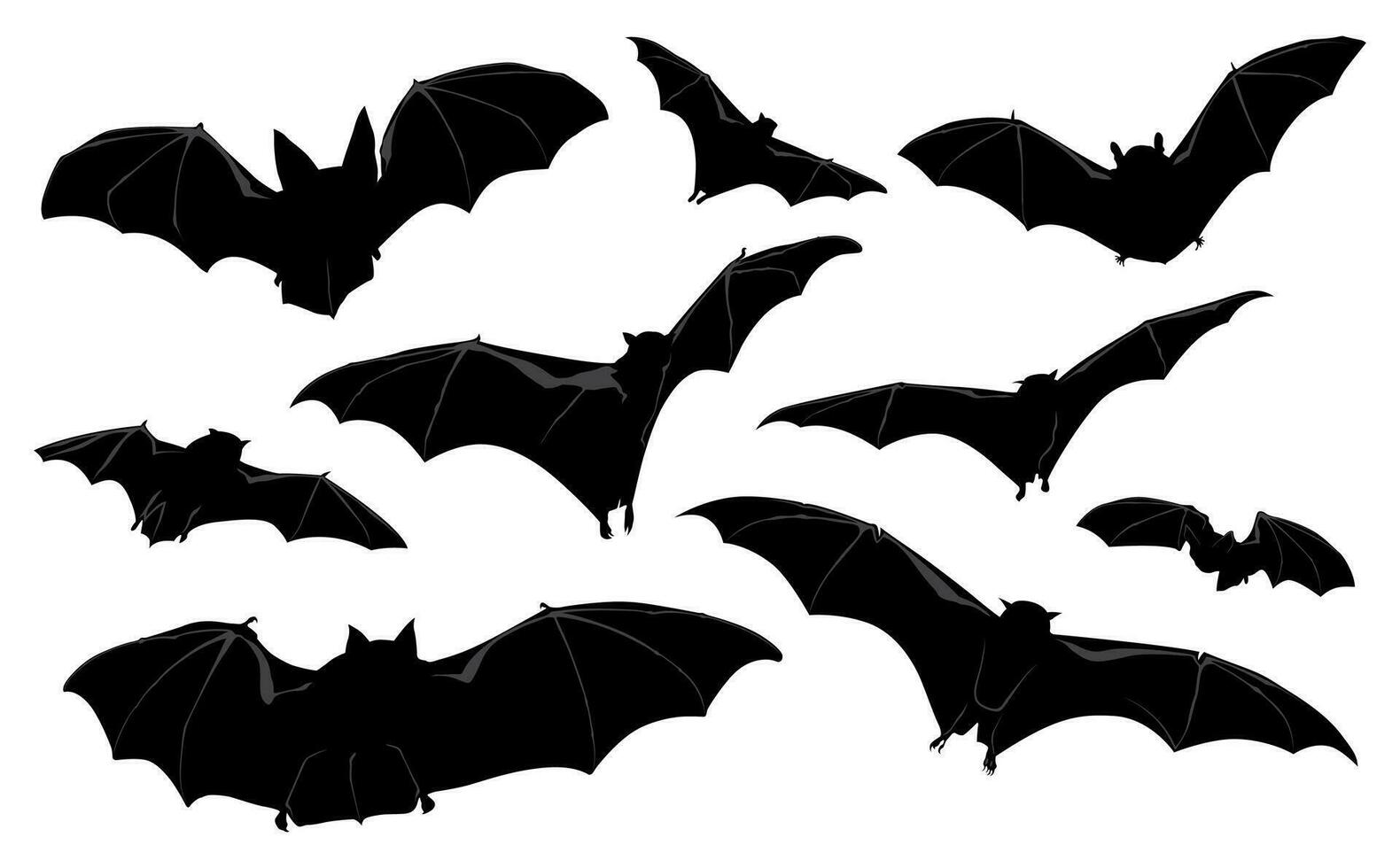 Spooky simple traditional horror Halloween vector symbols silhouettes of scary black creepy evil bats set flittermouse night creatures character flock pattern group fly isolated on white background.