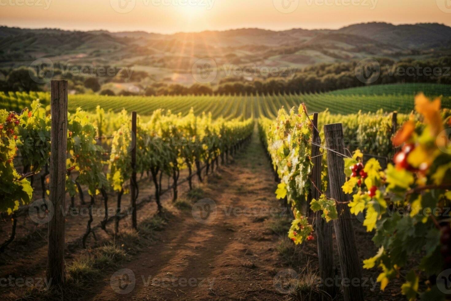 Vineyards at sunset. AI generated photo