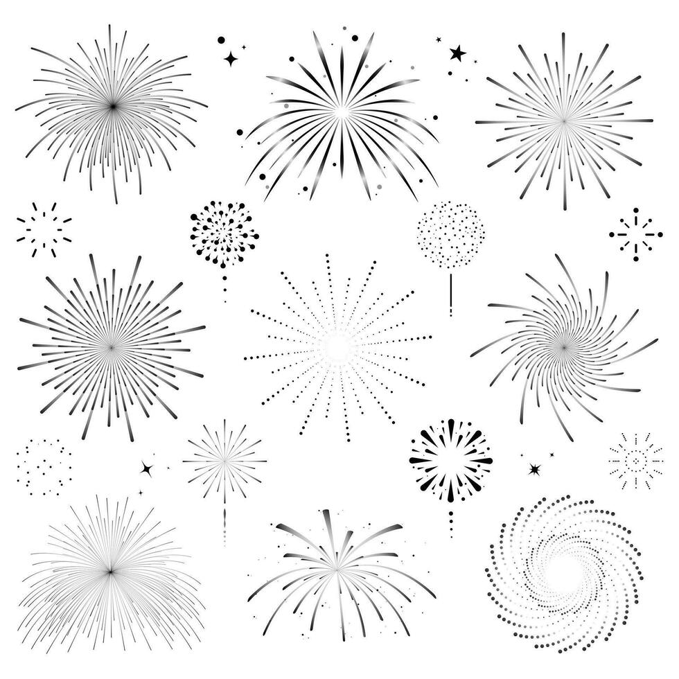 Silhouette festival firecracker firework explodes burst display with star and sparkle black line icon vector illustration simple anniversary celebrate festive element set isolated on white background.