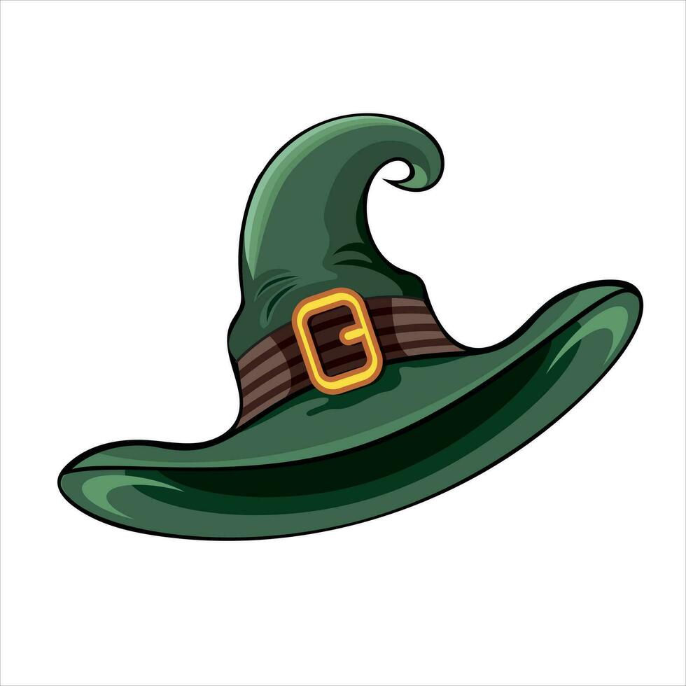 Illustration of a cartoon Halloween witch hat. Illustration of a green hat on a white background, isolated object. vector