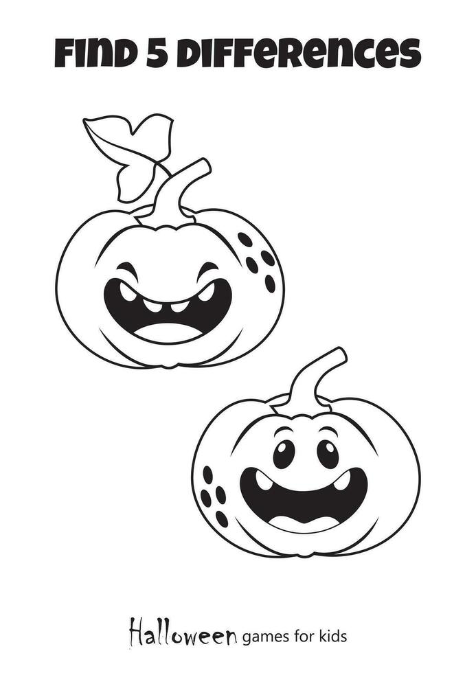 Find the 5 Differences Cute Pumpkin Halloween Party Mini Games for Kids Coloring Book for Kids. Mini games for preschoolers, educational and educational games for toddlers. Black and white vector