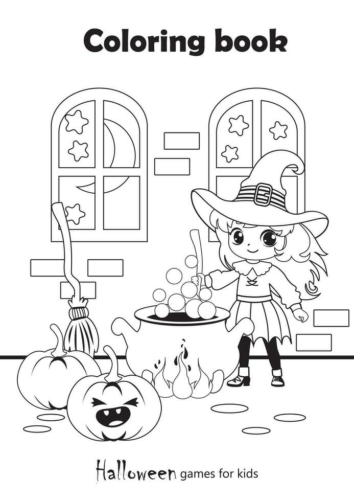 Coloring mini-games for children. A cute witch is preparing a potion in her castle. Mini games for preschoolers, educational and educational games for kids. Black and white vector