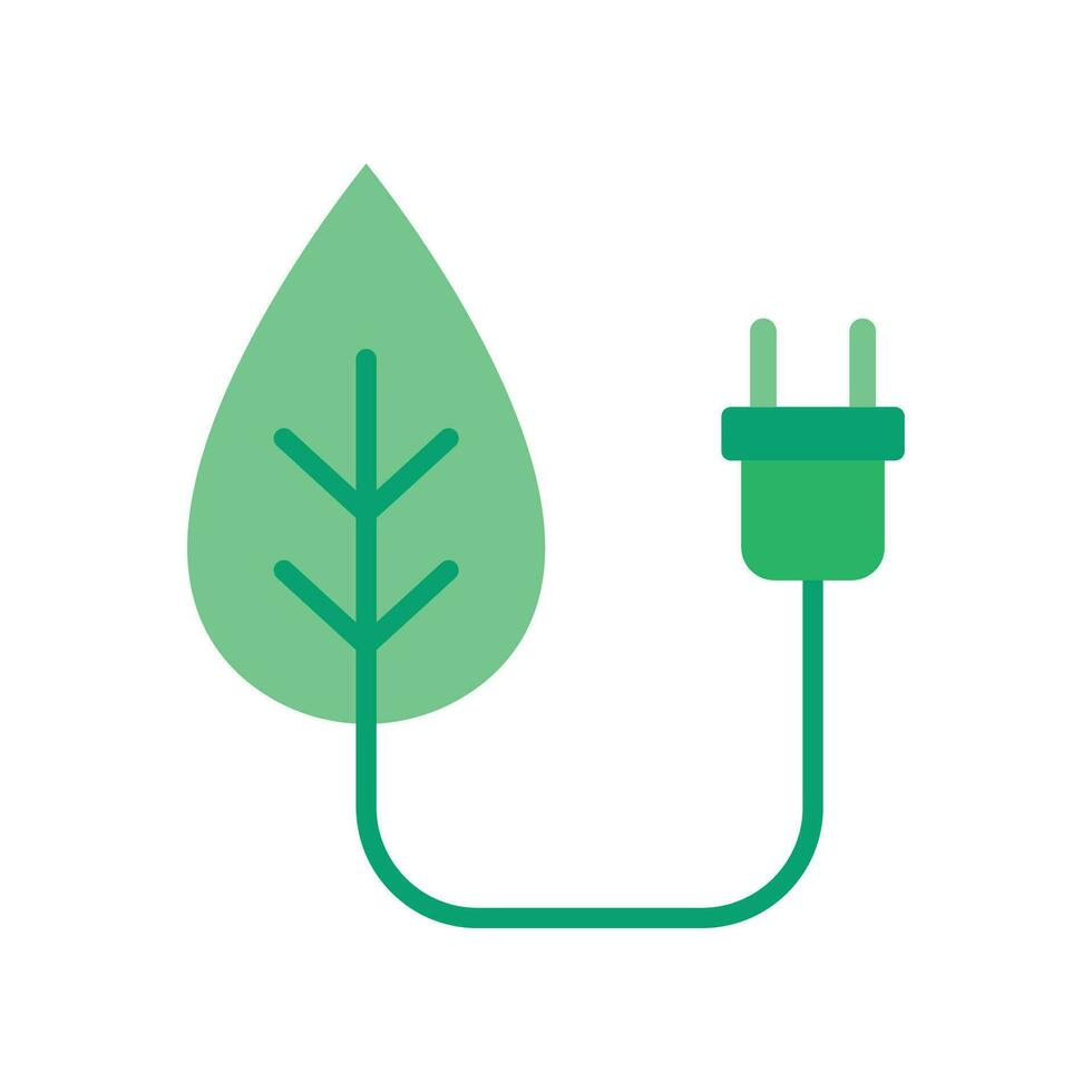 plano diseño estilo verde enchufe energía icono. verde electricidad eco poder consumo. enchufe y hoja para salvar energía tecnología. ecología cargando logo vector ilustración diseño en blanco antecedentes eps 10