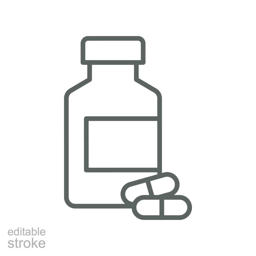 Medicine bottle and two capsules line and solid icon. Pain killer, vitamin pharmacy logo. Multivitamin capsule dose pictogram for healthcare. Vector illustration design on white background. EPS 10
