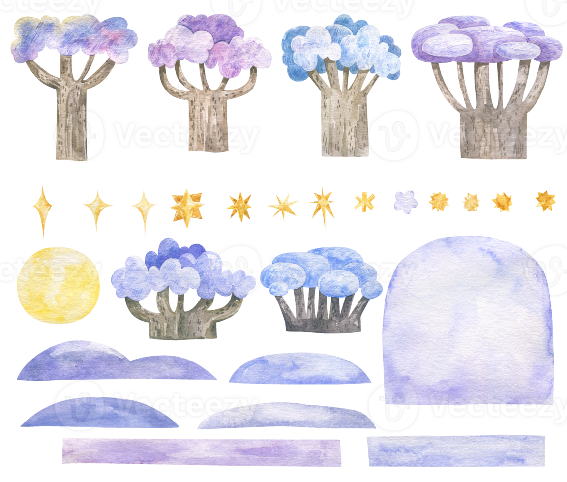 watercolor set with snowy trees and bushes, blue hills, sun and golden clouds. Cute childish watercolor clipart for create landscapes, wallart, postcards png