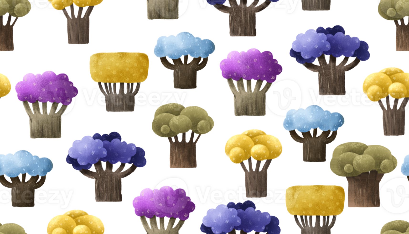 different baobab trees with colored crowns. Cute childish seamless design wirh fairy nature elements, clipart. Endless design png