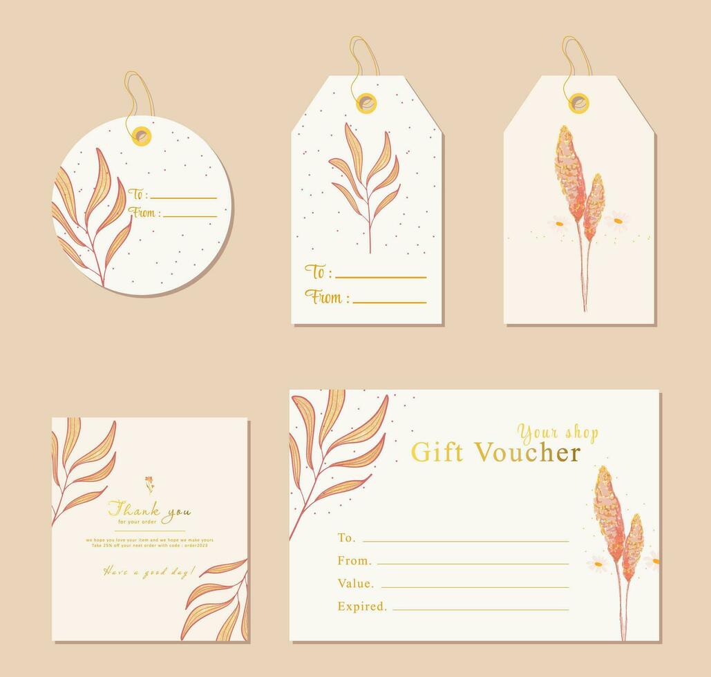 set of tags, gift voucher and thank you card with floral and golden glitter, aesthetic and elegant nature concept for your small business and other project vector