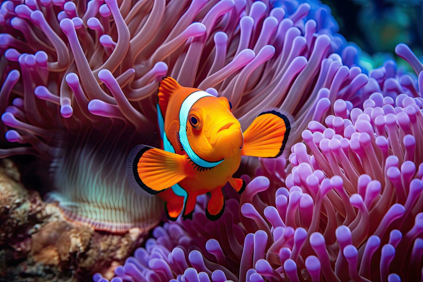 payaso pez anémona anfiprión bicolor en un mar anémona, pez payaso nadando entre el vibrante corales, ai generado foto