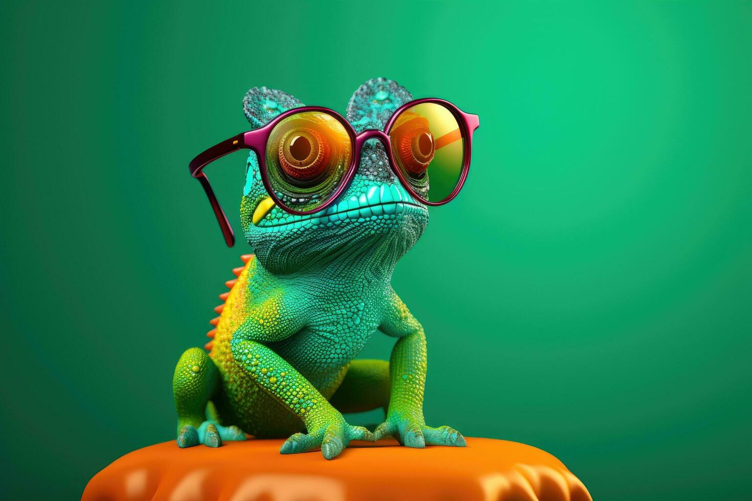 Cartoon chameleon with glasses on a green background. 3d rendering, Colorful chameleon on a branch over blurred nature background, AI Generated photo