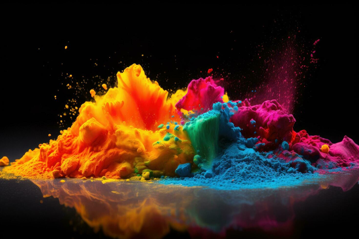 Colorful holi powder explosion on black background with copy space, Colorful holi powder for Holi festival on black background, AI Generated photo