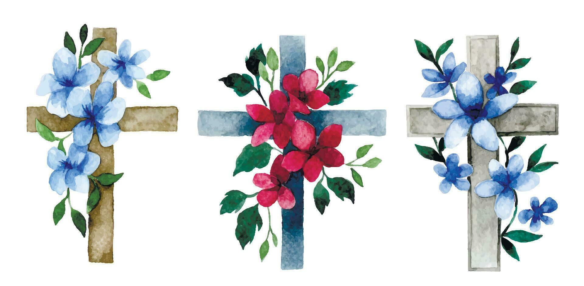 acuarela dibujo, cristiano cruzar con flores religioso símbolo, Pascua de Resurrección día festivo. vector