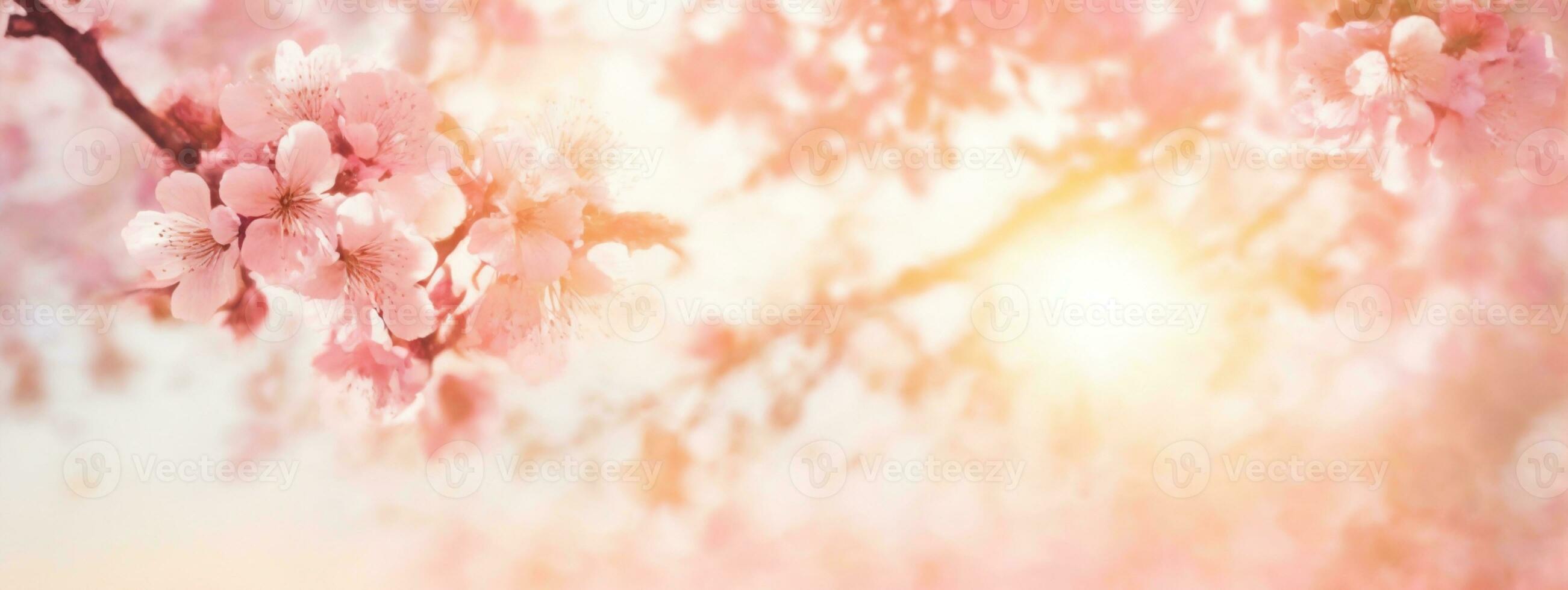 Spring border or background art with pink blossom. Beautiful nature scene with blooming tree and sun flare. AI generated photo