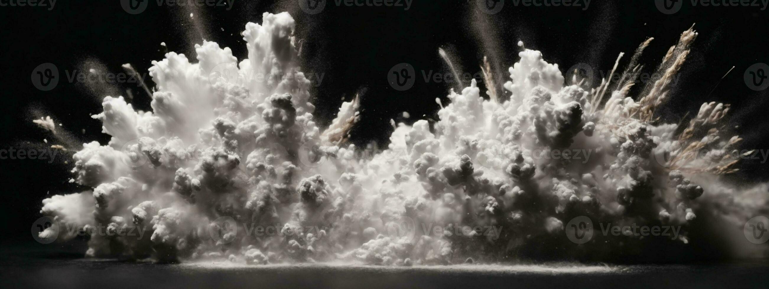 Abstract white powder explosion isolated on black background.. AI generated photo