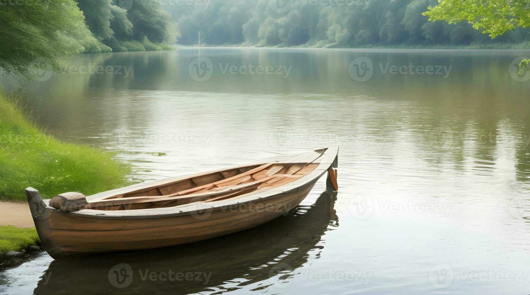 A Captivating Image of a Weathered Wooden Boat Gently Adrift on the Still Waters of a Tranquil River, Surrounded by Nature's Peace and Reflections. AI Generated photo