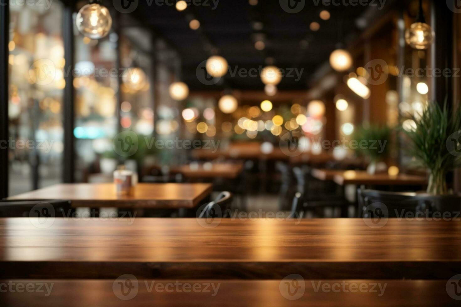 Empty wooden table top with lights bokeh on blur restaurant background.. AI generated photo