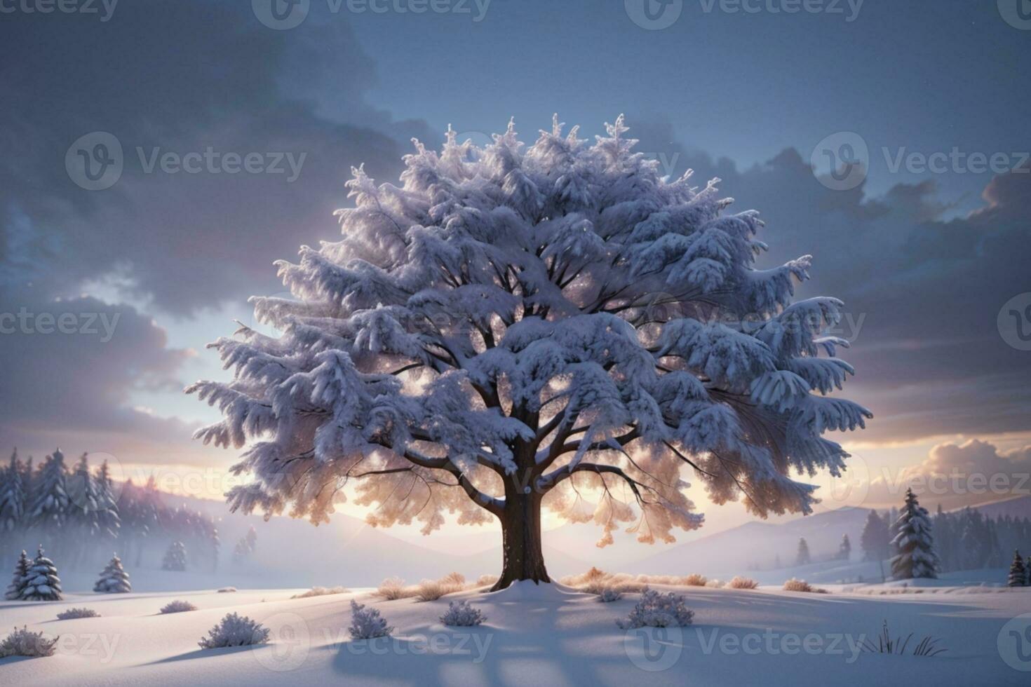 Beautiful tree in winter landscape in late evening in snowfall. AI generated photo