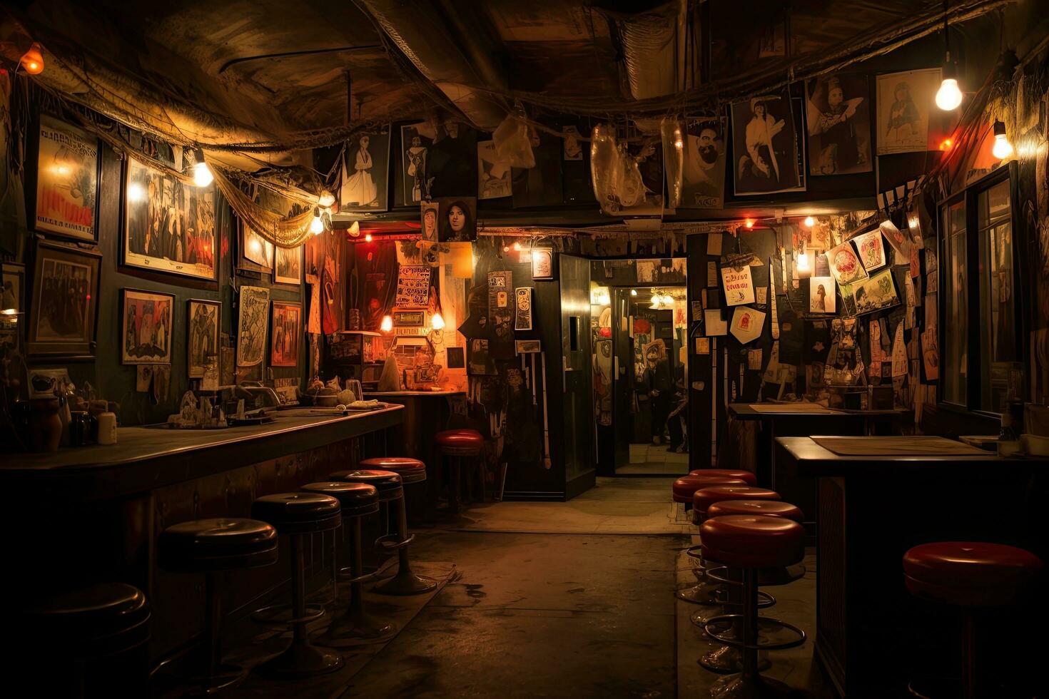 interior de un bar en tiflis, Georgia, subterráneo noche club, bailarines en suave, afligido ropa influencia graciosamente debajo el destacar, ai generado foto