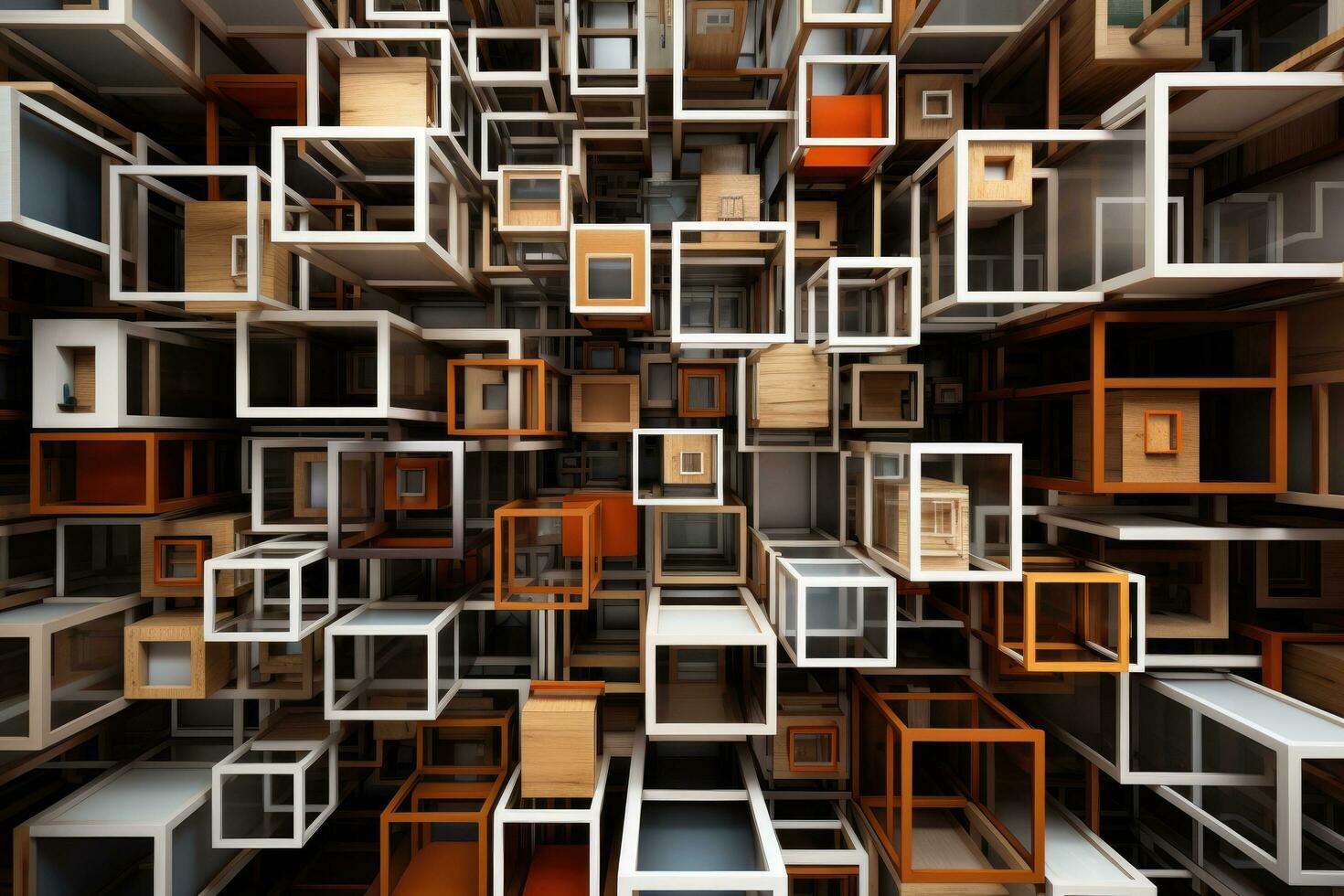Abstract architectural background made of wooden cubes. 3D render illustration. nested boxes, The boxes are interconnected by tubes, AI Generated photo