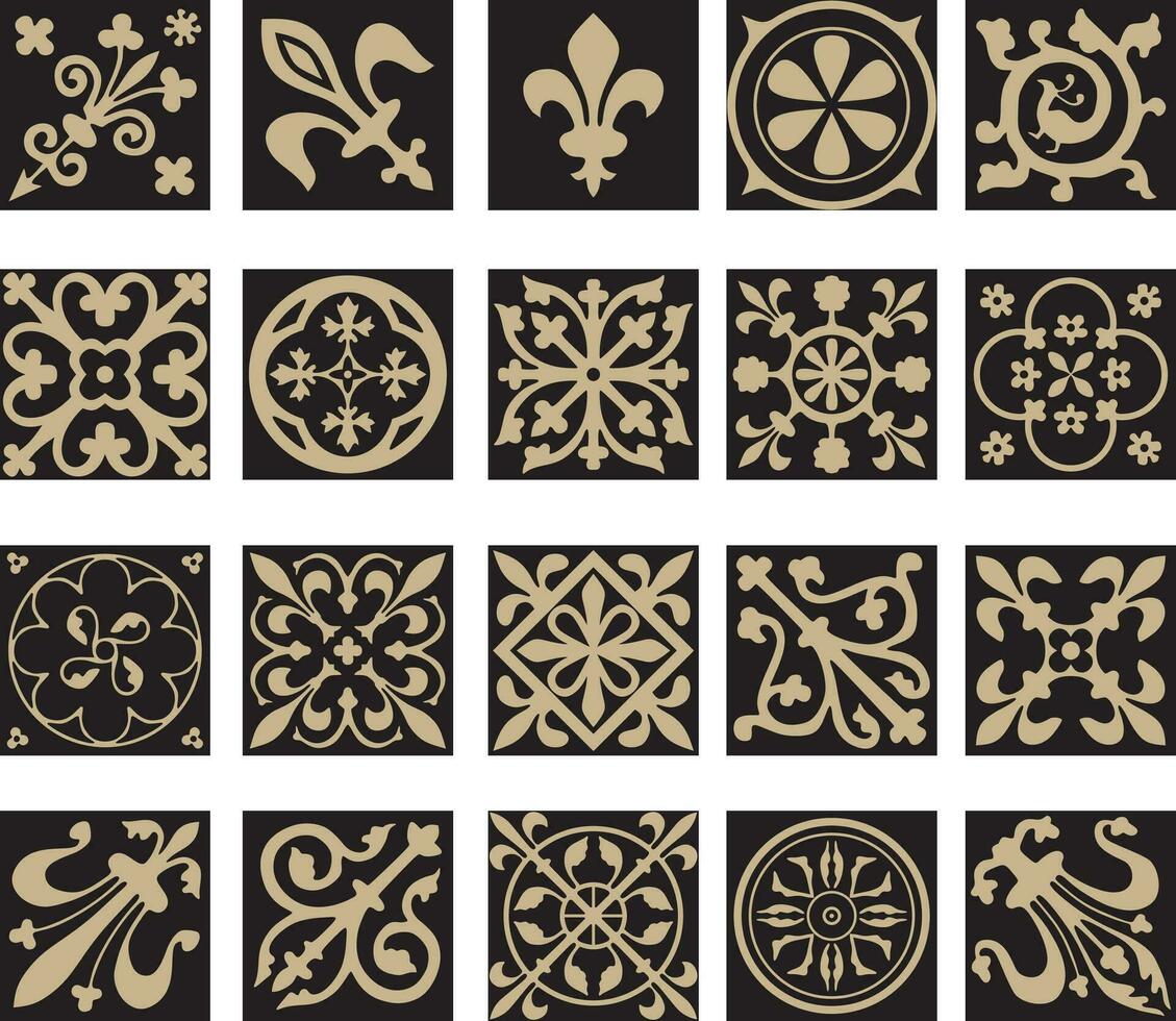 Vector gold and black set of ancient Roman ornament elements. Classic European parts of patterns. Lilies and crowns