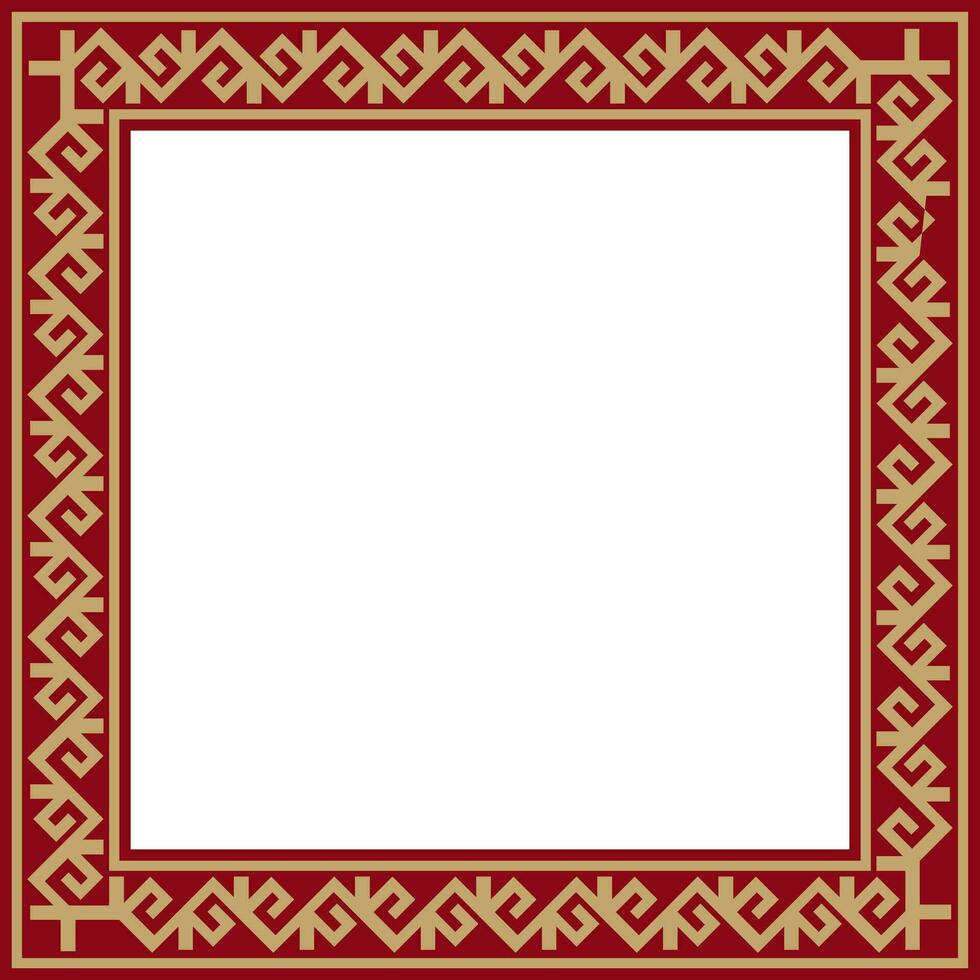 Vector red with gold Square Kazakh national ornament. Ethnic pattern of the peoples of the Great Steppe, .Mongols, Kyrgyz, Kalmyks, Buryats. Square frame border.