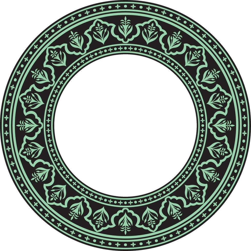 Vector round national green with black ornament of ancient Persia. Iranian ethnic circle, ring, border, frame