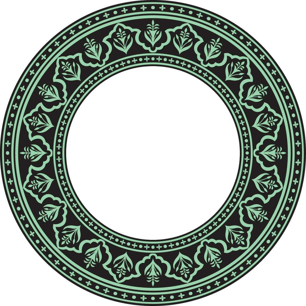 Vector round national green with black ornament of ancient Persia. Iranian ethnic circle, ring, border, frame