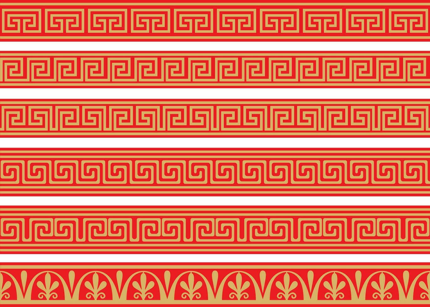 Set of vector seamless greek classic ornament. Pattern for a border and a frame. Ancient Greece and the Roman Empire. Endless gold with red meander