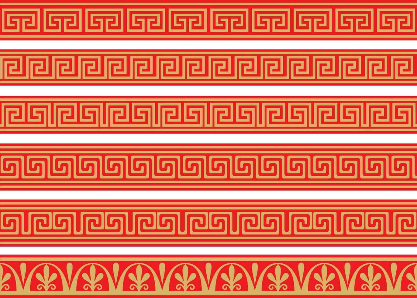 Set of vector seamless greek classic ornament. Pattern for a border and a frame. Ancient Greece and the Roman Empire. Endless gold with red meander