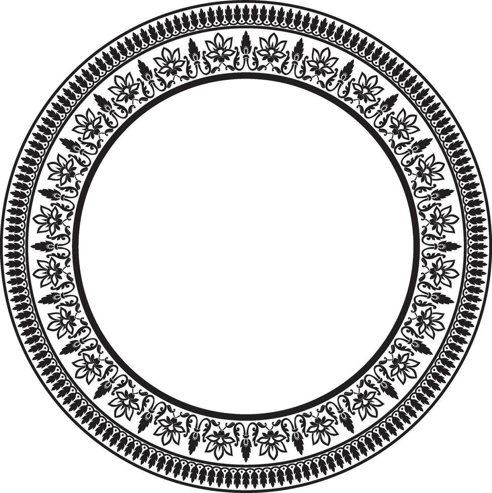 Vector round monochrome black Indian national ornament. Ethnic plant circle, border. Frame, flower ring. Poppies and leaves