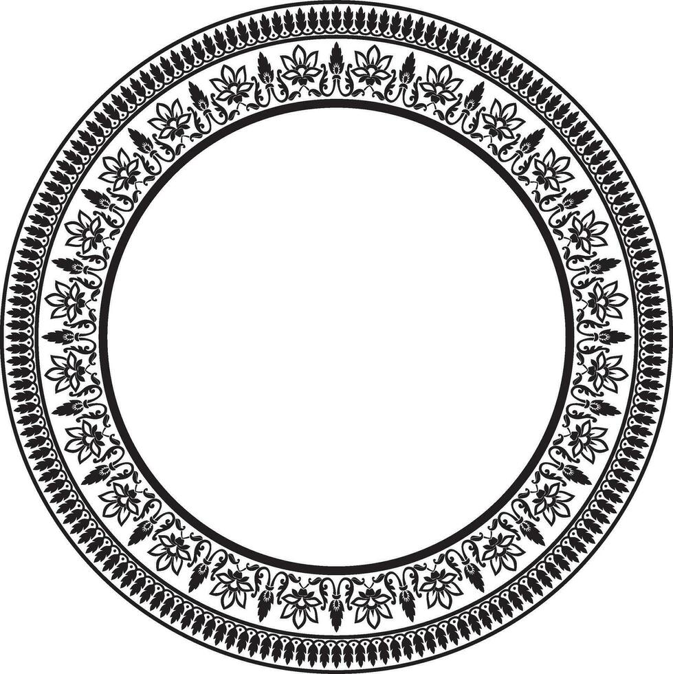 Vector round monochrome black Indian national ornament. Ethnic plant circle, border. Frame, flower ring. Poppies and leaves