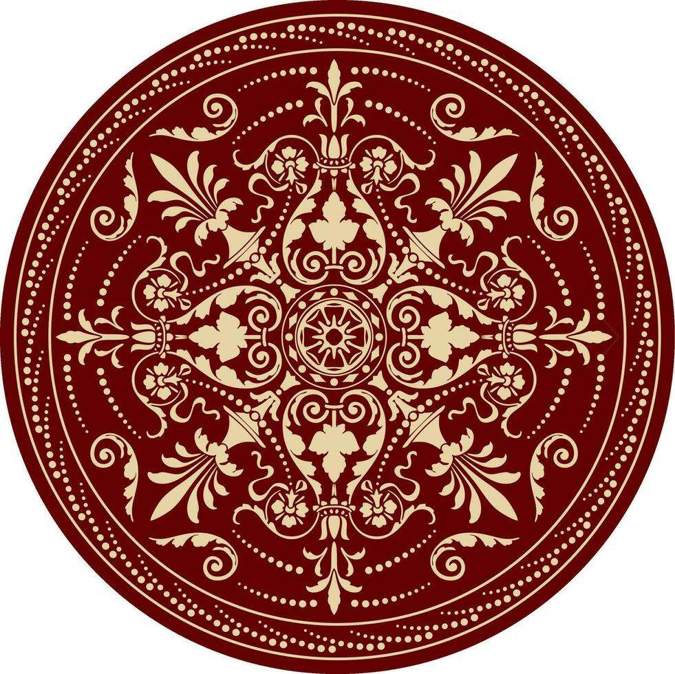 Vector classic colored round ornament. Red pattern in a circle. Drawing of Greece and Ancient Rome. Flower drawing.