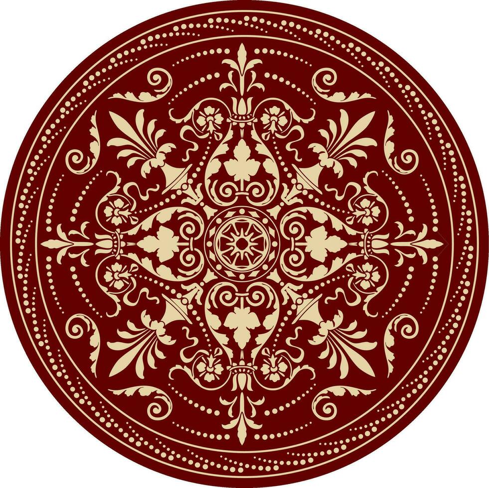 Vector classic colored round ornament. Red pattern in a circle. Drawing of Greece and Ancient Rome. Flower drawing.