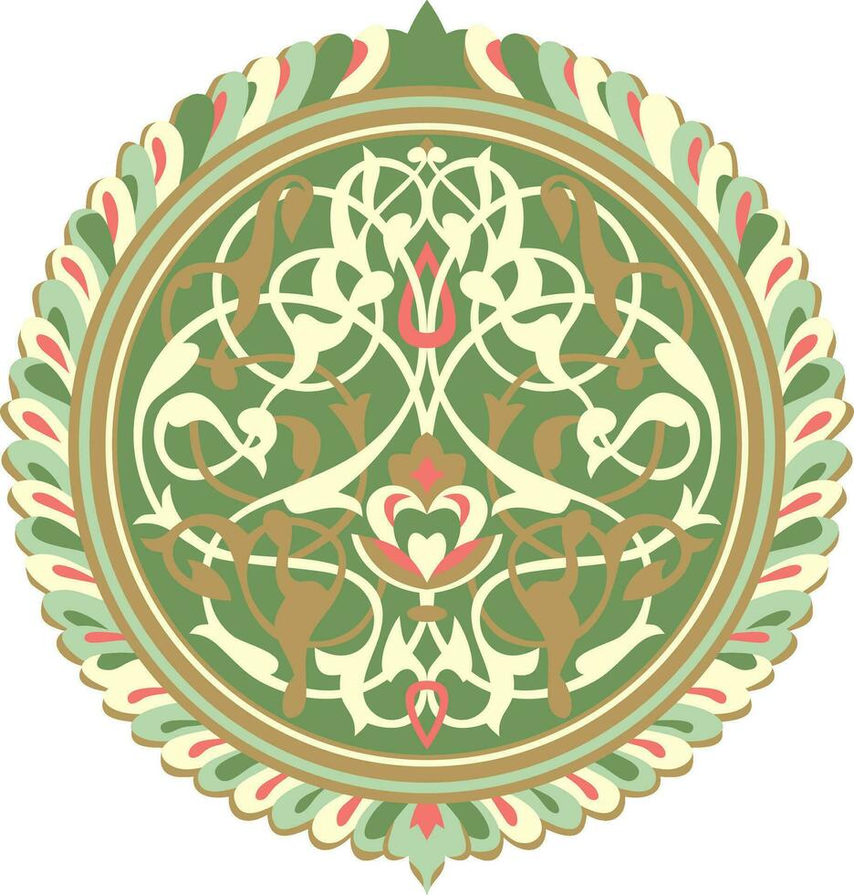 Vector colored round Arabic ornament. Muslim green patterned medallion