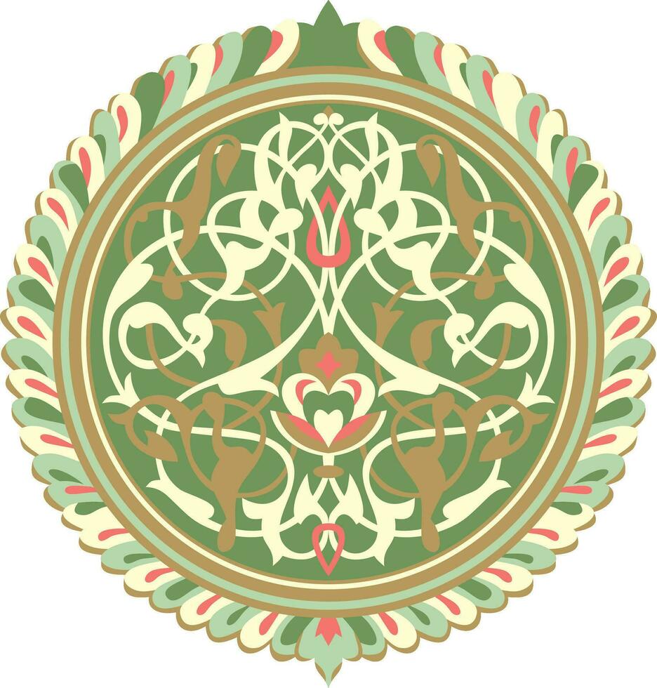 Vector colored round Arabic ornament. Muslim green patterned medallion