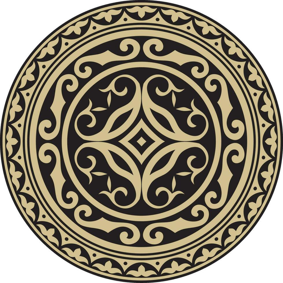 Vector golden and black round Kazakh national ornament. Ethnic pattern of the peoples of the Great Steppe, .Mongols, Kyrgyz, Kalmyks, Buryats. circle, frame border.