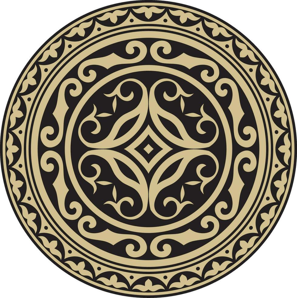 Vector golden and black round Kazakh national ornament. Ethnic pattern of the peoples of the Great Steppe, .Mongols, Kyrgyz, Kalmyks, Buryats. circle, frame border.