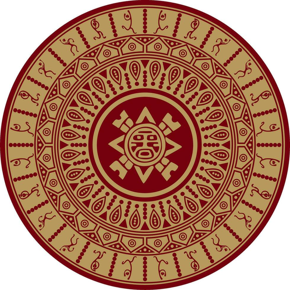 Native American vector round red and black pattern. Geometric shapes in a circle. National ornament of the peoples of America, Maya, Aztecs, Incas