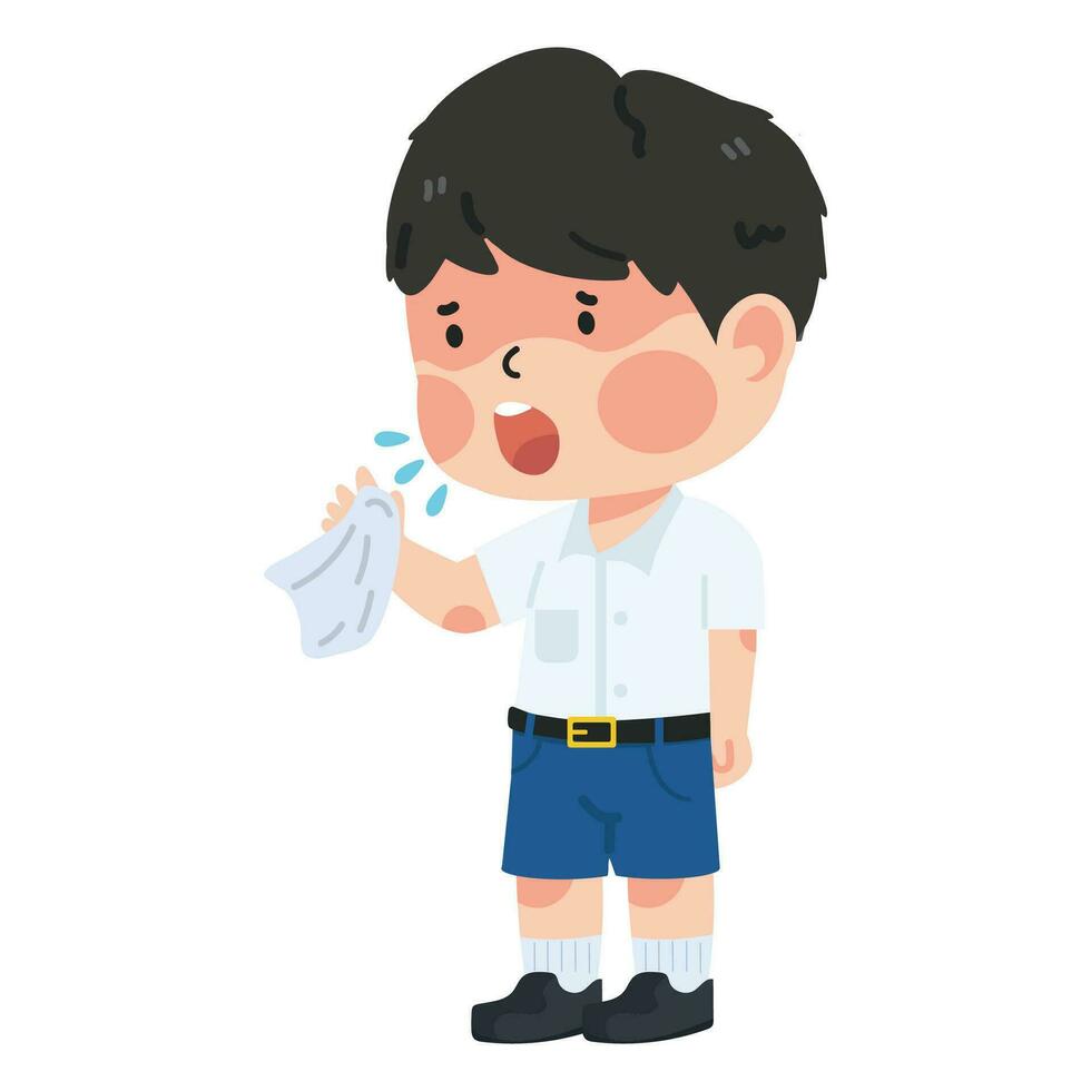 student kid boy with cold or flu sneeze vector
