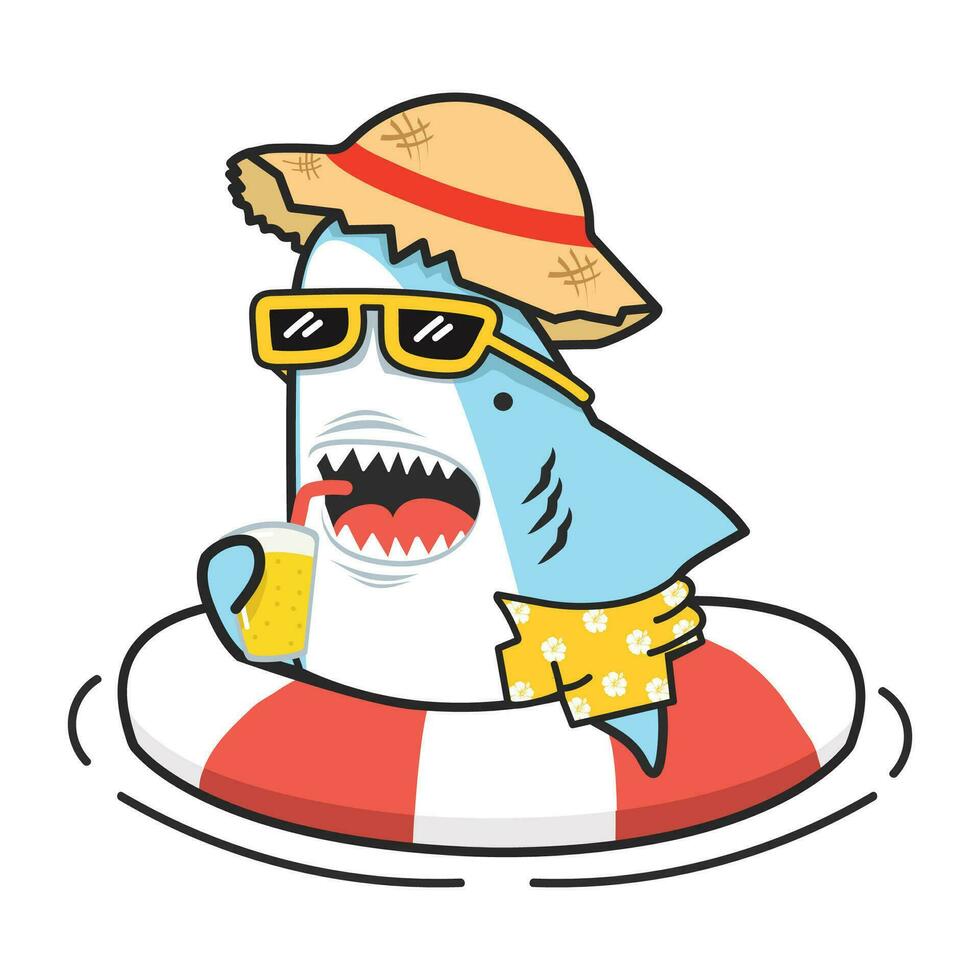 Cute shark inflatable ring with glass of juice and straw hat vector