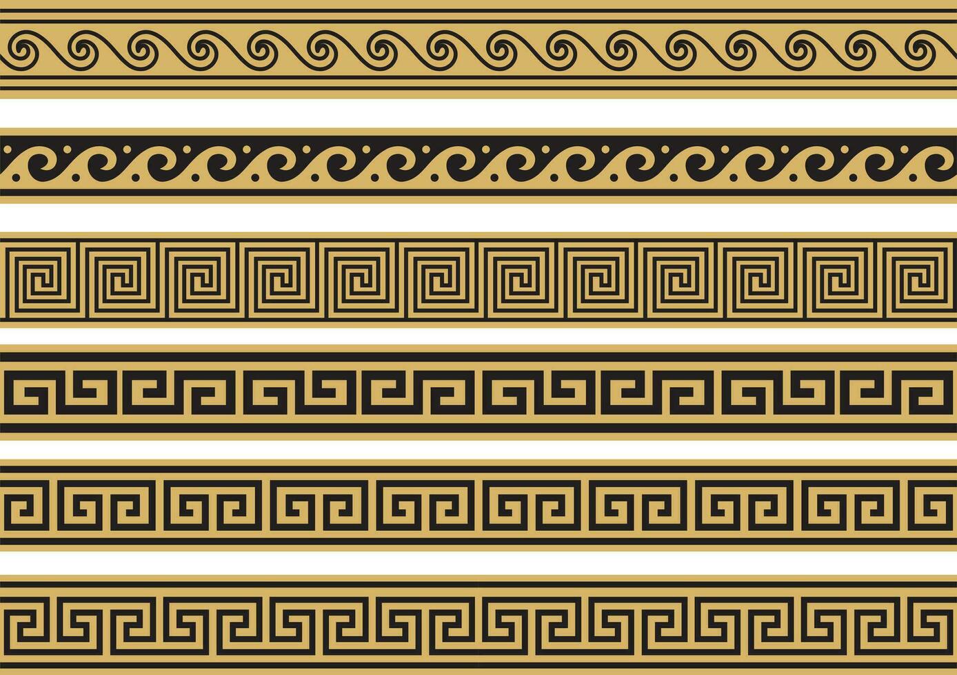 Set of vector seamless greek classic ornament. Pattern for a border and a frame. Ancient Greece and the Roman Empire. Endless golden with black meander