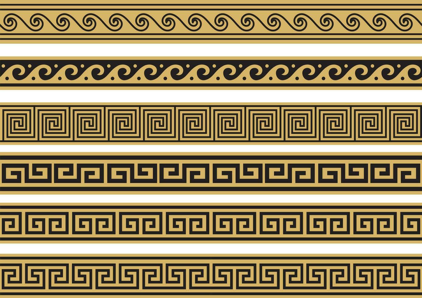 Set of vector seamless greek classic ornament. Pattern for a border and a frame. Ancient Greece and the Roman Empire. Endless golden with black meander