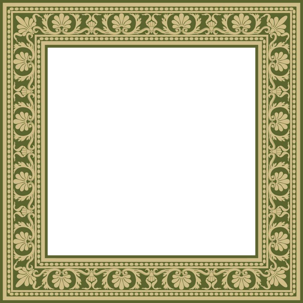 Vector gold and green square classic renaissance ornament. Endless european border, revival style frame..