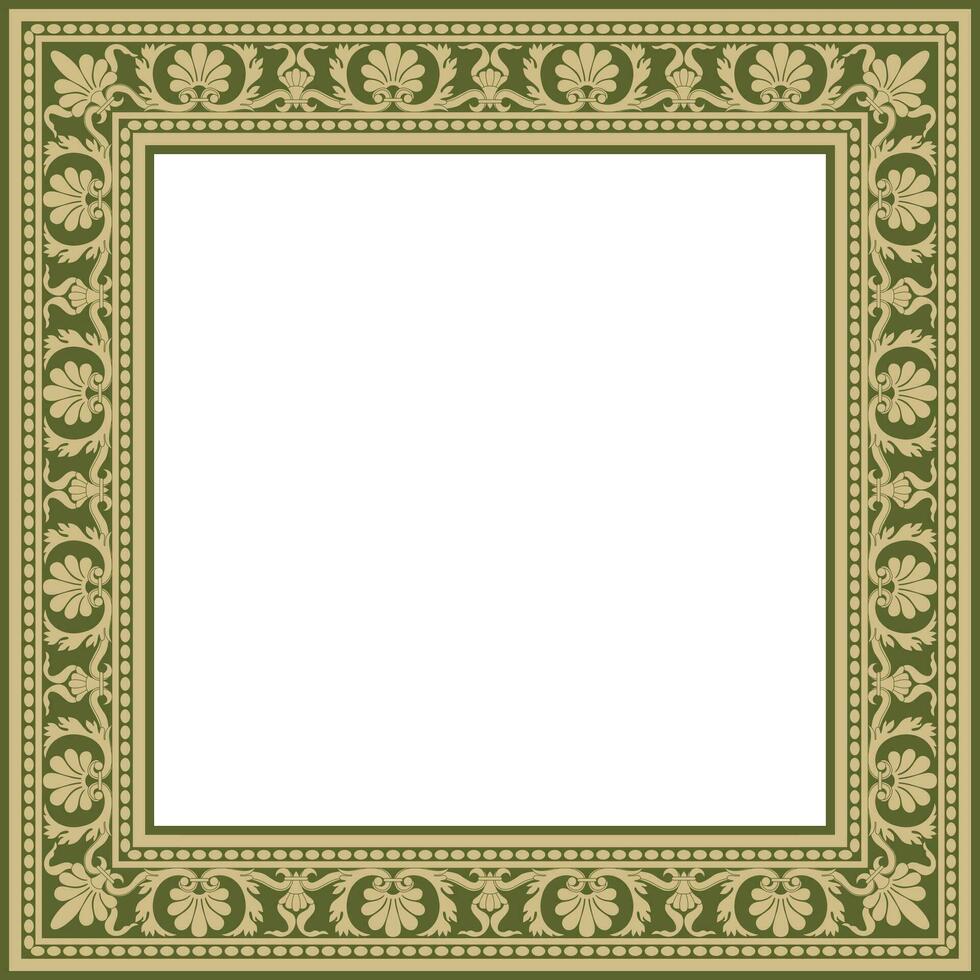 Vector gold and green square classic renaissance ornament. Endless european border, revival style frame..