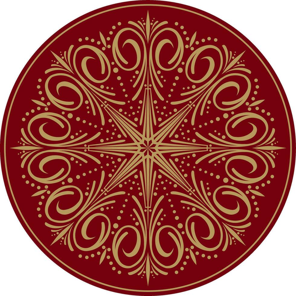 Vector classic colored round ornament. Red pattern in a circle. Drawing of Greece and Ancient Rome. Flower drawing