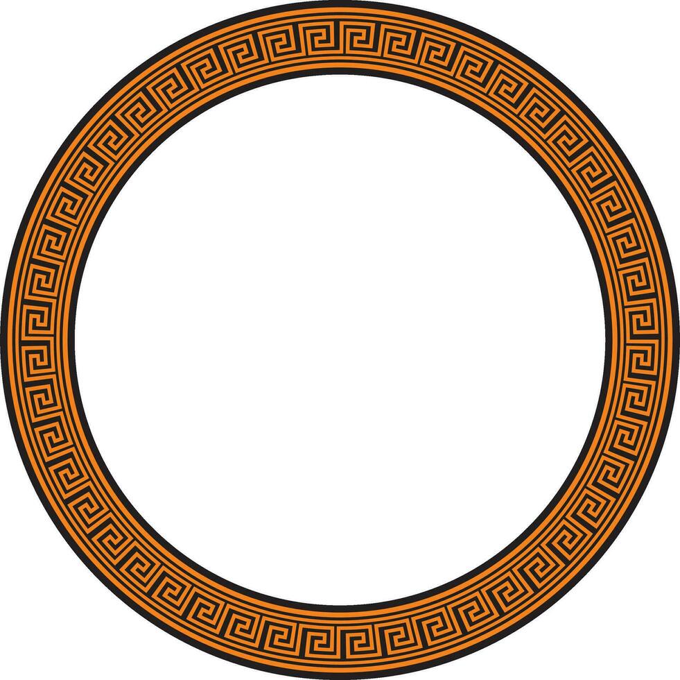 Vector round orange and black Greek frame. Classic meander ornament. Border Ancient Greece, Roman Empire..
